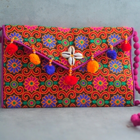Pochette indienne artisanale Kuch orange et rose