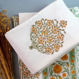 Indian printed cotton table cover orange and green