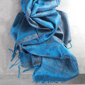 Indian cotton scarf mangoes design blue and ocher