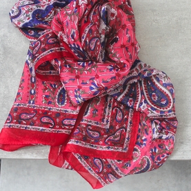 Foulard indien en soie rouge et marine