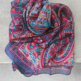 Indian silk scarf navy blue and pink