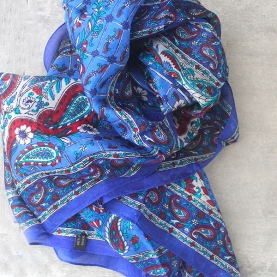 Foulard indien en soie chic bleu et rouge