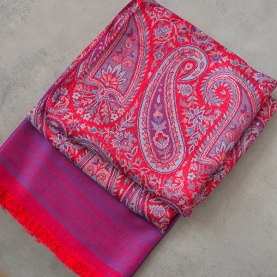 Echarpe indienne en coton brodé Jamawar rouge et violet