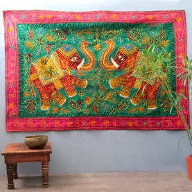 Tissu mural indien brodé en coton Eléphants
