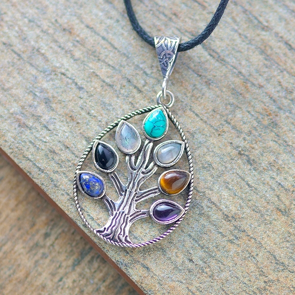Tree of life & 7 stones Indian metal pendant