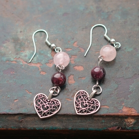 Heart earrings Garnet & pink quartz stones