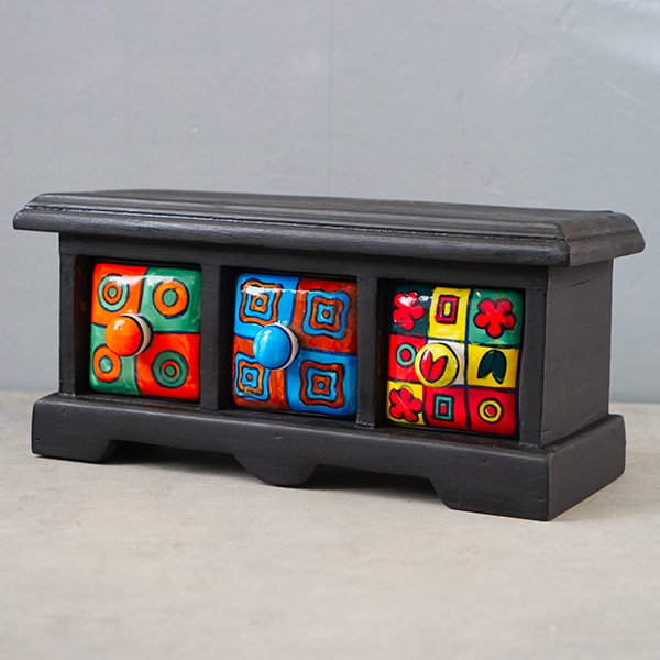 Indian handcrated wooden box with ceramic drawers