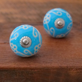 Indian ceramic door or drawer knob light blue