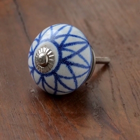 Indian ceramic door or drawer knob white and blue