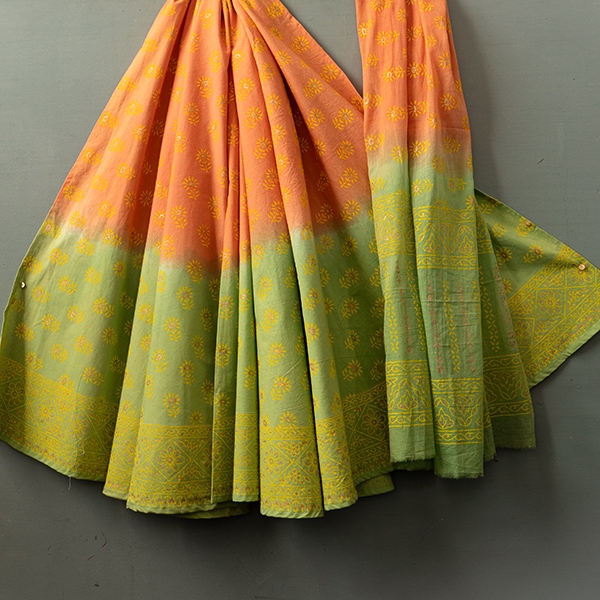 Indian cotton skirt Sanganeri print green and orange