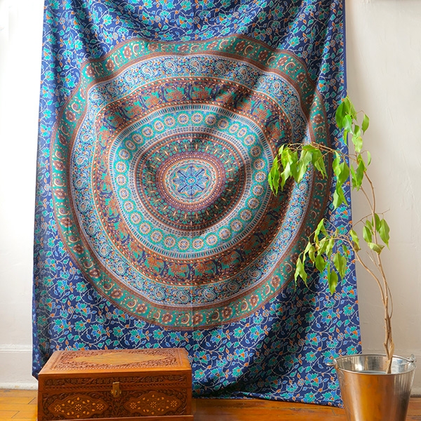 Tenture murale indienne Mandala marine et vert