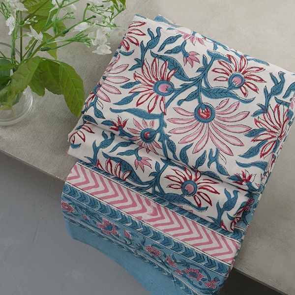 Indian printed cotton table cover blue and pink
