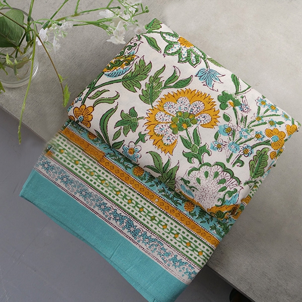 Indian cotton printed table cover yellow and cyan