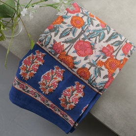 Indian cotton printed table cover orange and blue