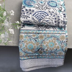 Indian printed cotton table cover cyan and beige