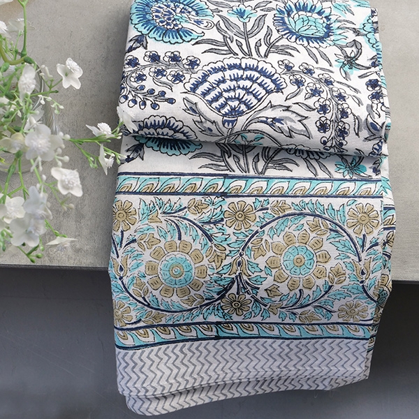 Indian printed cotton table cover cyan and beige