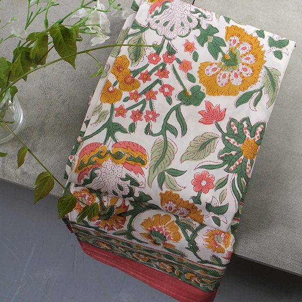 Indian printed cotton table cover orange and green