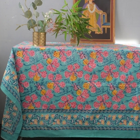 Indian printed cotton table cover cyan and pink