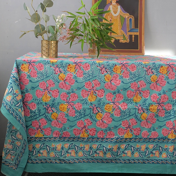 Indian printed cotton table cover cyan and pink
