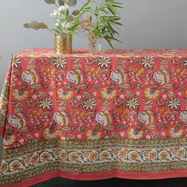 Nappe indienne en coton imprimée rouge et verte