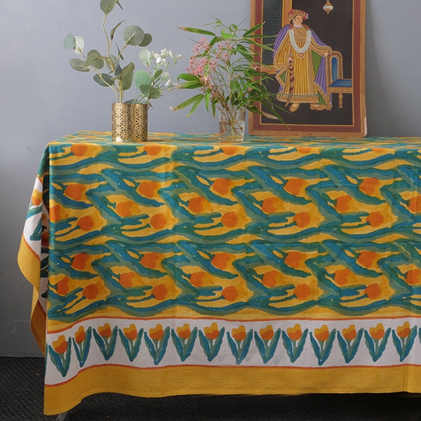 Nappe indienne en coton imprimée jaune et bleue