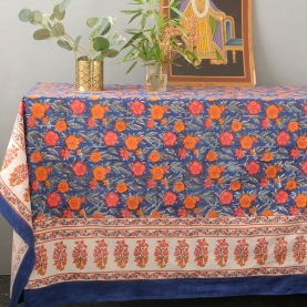 Indian cotton printed table cover navy blue and pink