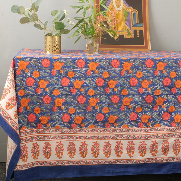 Indian cotton printed table cover navy blue and pink