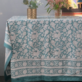 Nappe indienne en coton imprimée verte et blanche