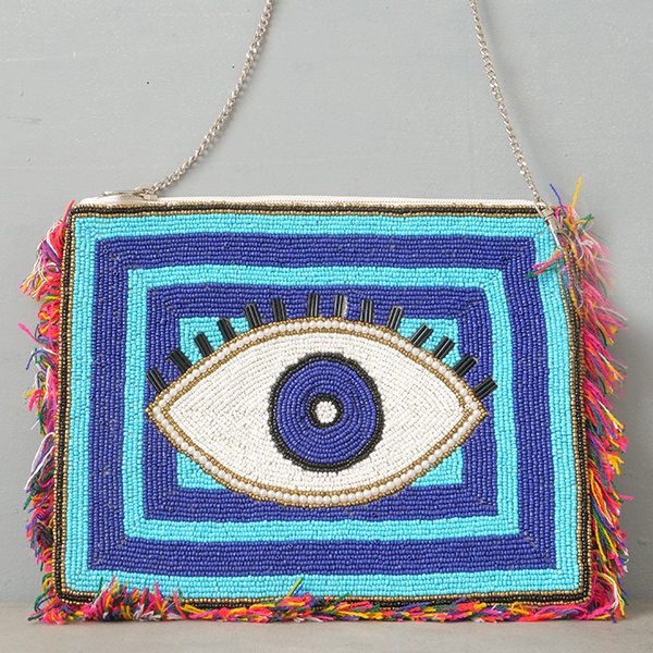 Pochette indienne artisanale Perles bleues et blanches