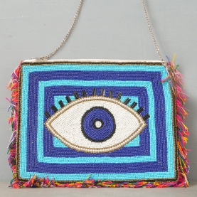 Pochette indienne artisanale Perles bleues et blanches