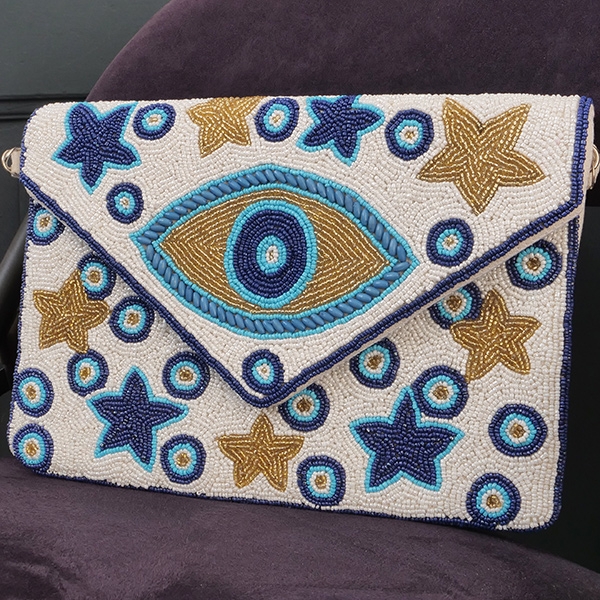 Pochette indienne artisanale Perles blanches et dorées