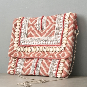 Pochette indienne artisanale Perles roses et blanches