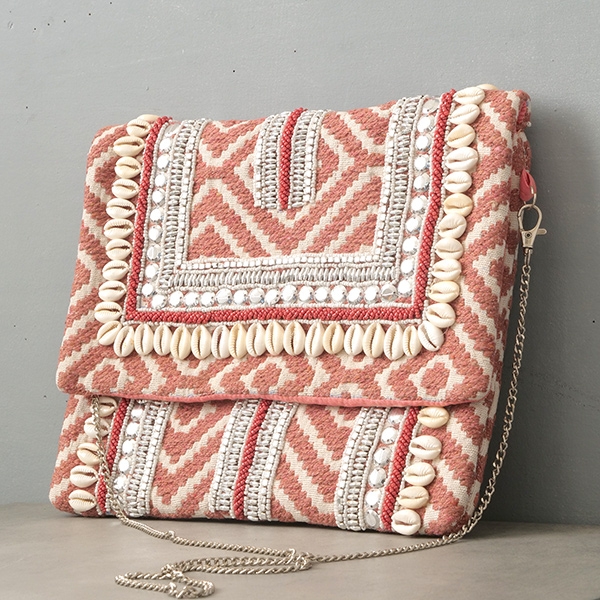 Pochette indienne artisanale Perles roses et blanches