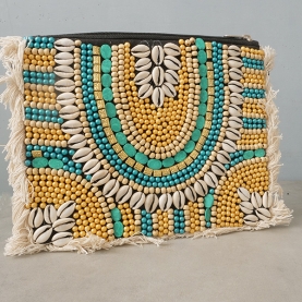 Pochette indienne artisanale Perles bleues et dorées