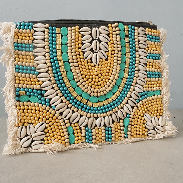 Pochette indienne artisanale Perles bleues et dorées