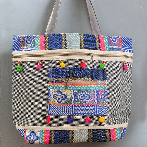 Sac à main indien Funda brodé noir et bleu