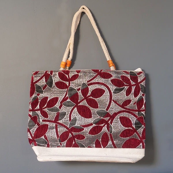 Sac cabas indien artisanal en tissu bordeaux