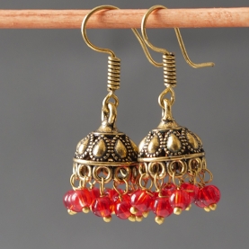 Boucles d'oreilles indiennes Jhumki dorées et rouges