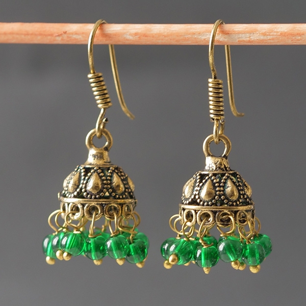 Boucles d'oreilles indiennes Jhumki dorées et vertes
