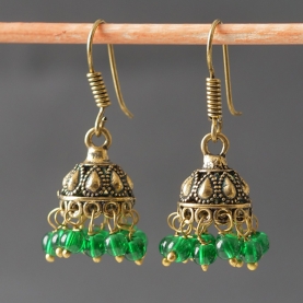 Boucles d'oreilles indiennes Jhumki dorées et vertes