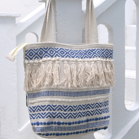 Sac à main indien en coton Boho écru et bleu