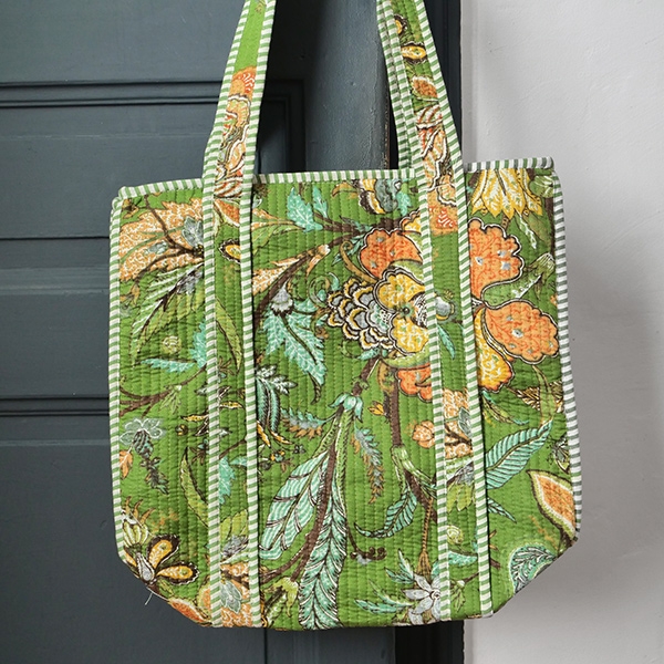 Indian cotton quilted handbag green color