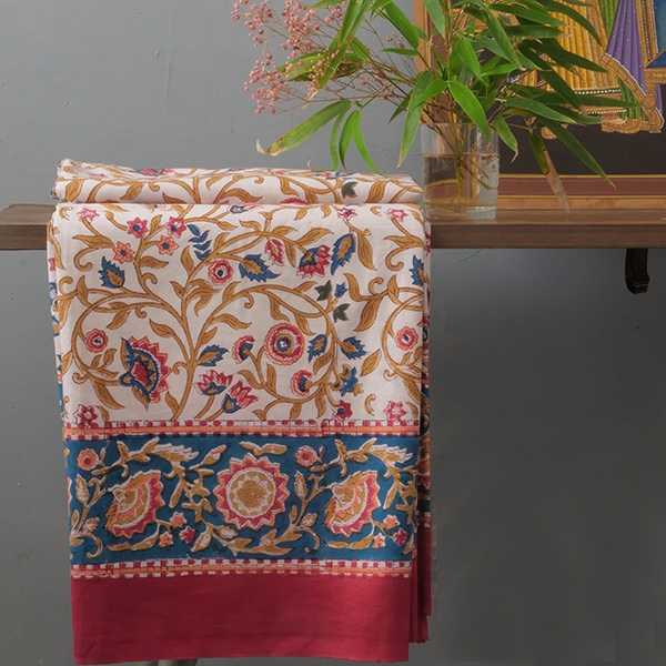 Indian printed cotton table cover maroon and blue