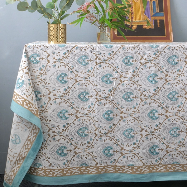Nappe indienne coton imprimée bleue et marron