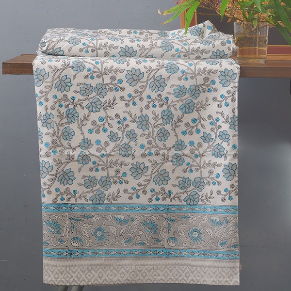 Nappe indienne en coton imprimée bleue et grise
