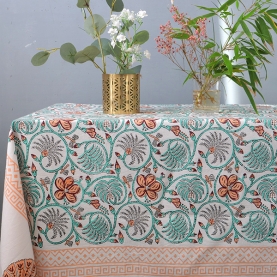 Nappe indienne en coton imprimée cyan et pêche