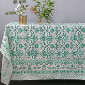 Nappe indienne en coton imprimée verte et blanche