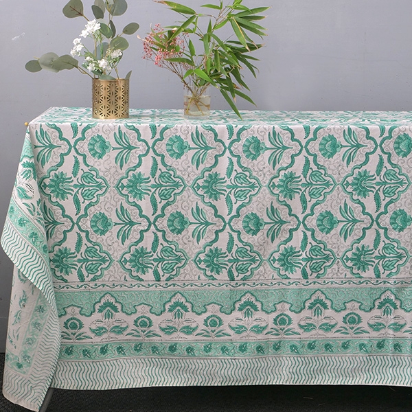 Indian printed cotton table cover green and white