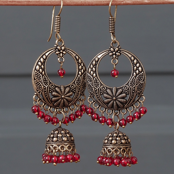 Boucles d'oreilles indiennes Jhumki dorées et rouges