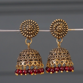 Boucles d'oreilles indiennes Jhumki dorées et rouges